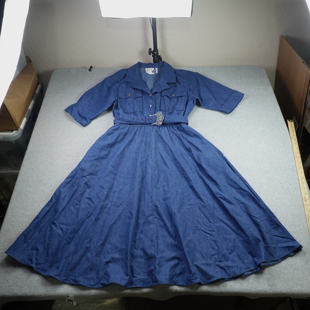 The American Shirt Dress Womens 14 Blue Vintage 80s Cotton Midi